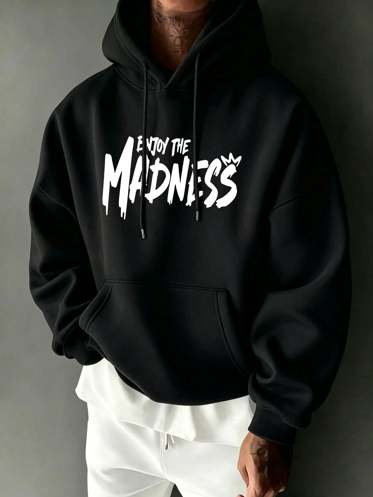 Unisex Oversized Cotton-Poly Graphic Hoodie, Casual Graphic Streetwear Fashion Clothing, Double Print Design, Front Handwritten Brush-Style Lettering, Back Skateboard Bear Cartoon Illustration